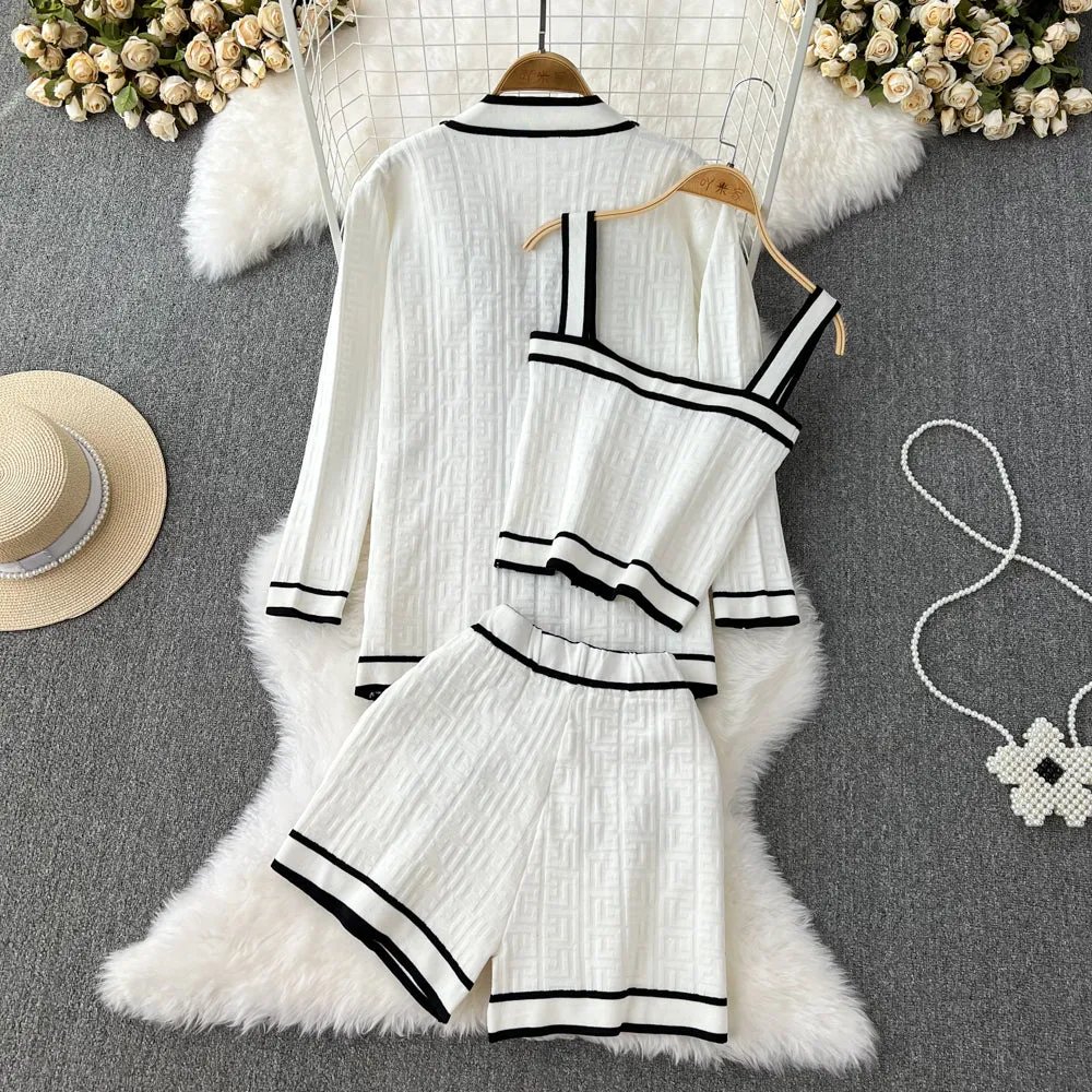 V-neck Cardigan&Vest&Shorts Knitted 3Pcs