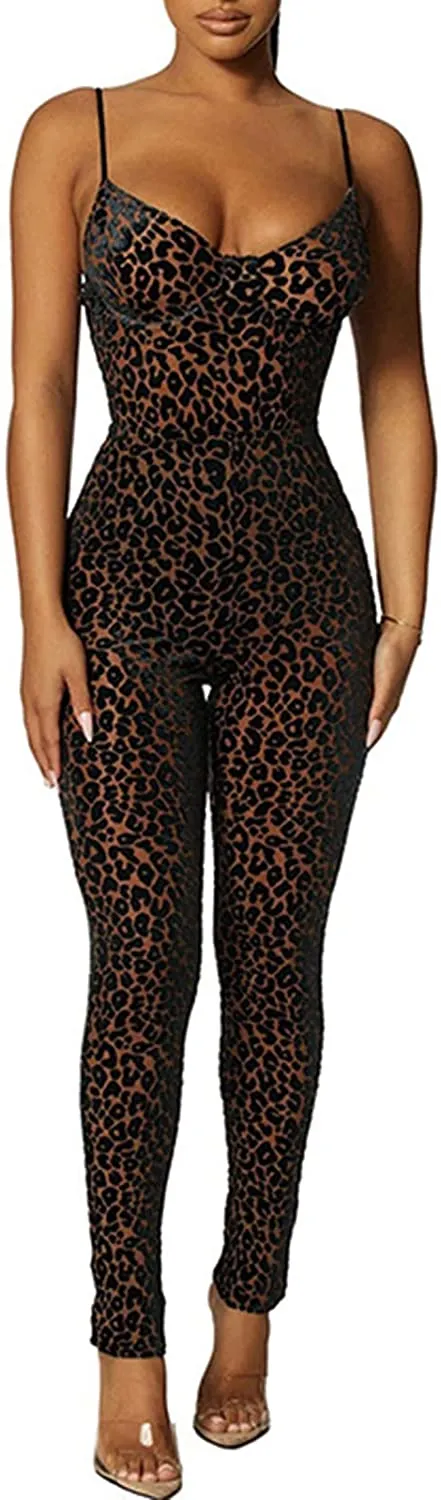 V-Neck Leopard Print Sleeveless Bodycon Jumpsuits