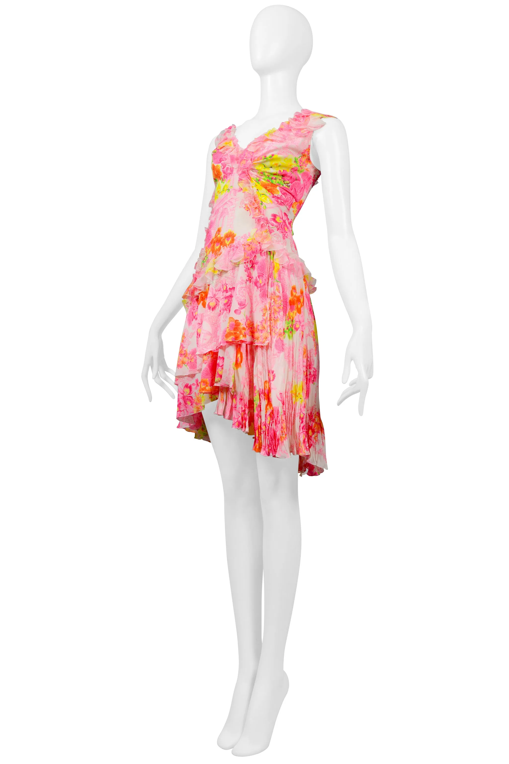 VERSACE PINK PLEATED MINI DRESS WITH RUFFLES & FLORAL PRINT 2004