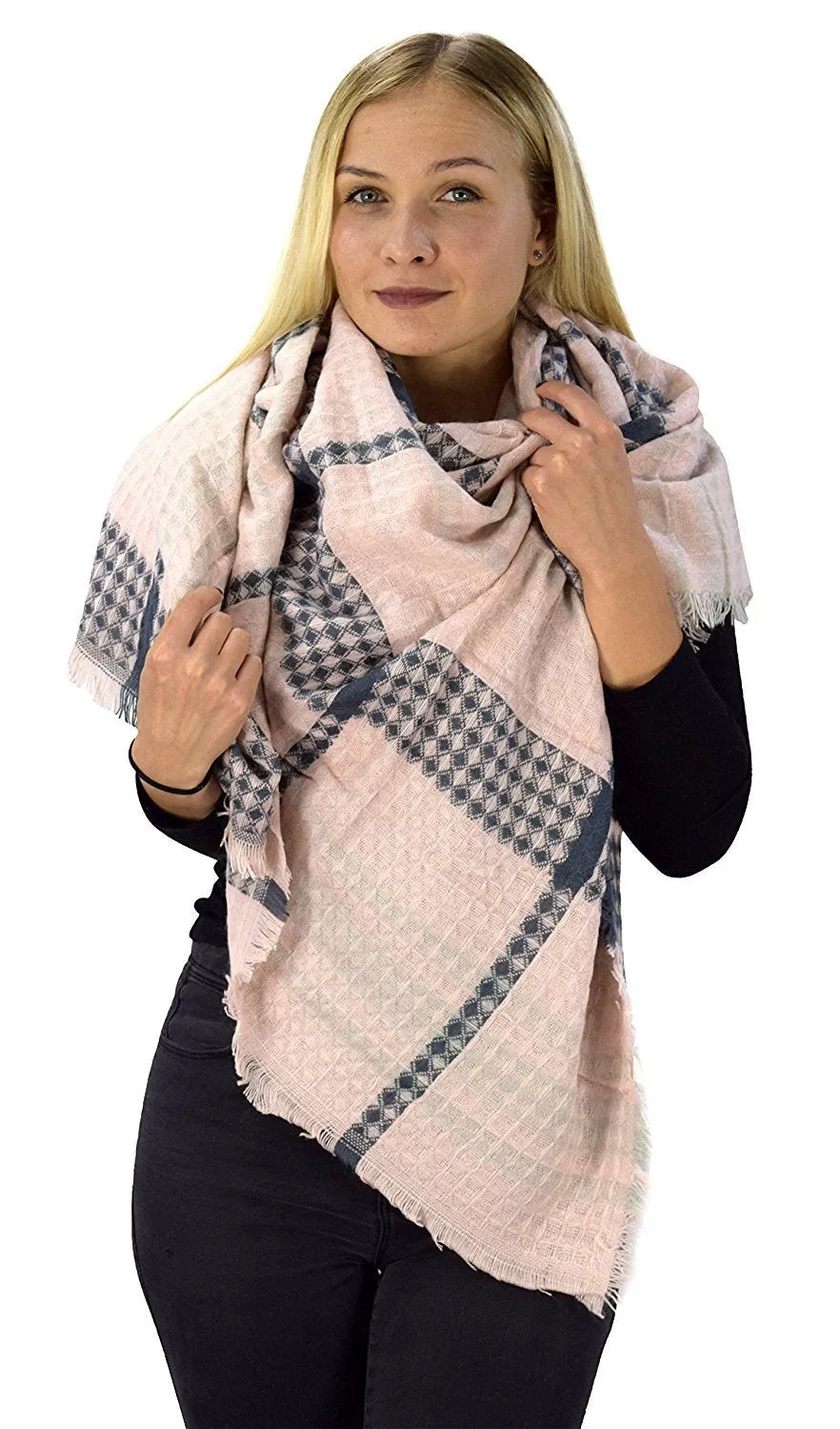 Warm Woven Oversized Tartan Plaid Blanket Scarf Shawl Pink Navy