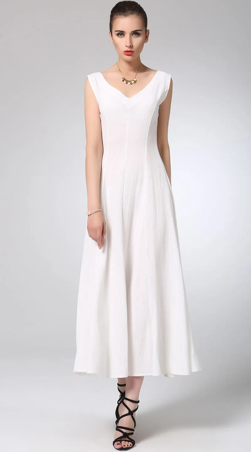 White linen dress maxi dress women dress (1232)