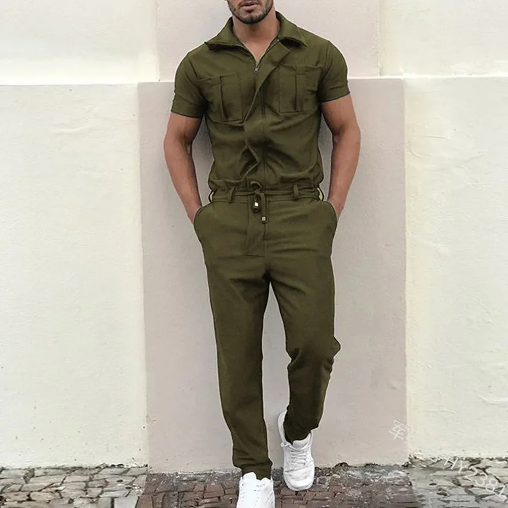 Wiaofellas  -  New Men's Jumpsuit American Style Street Casual Loose Jumpsuit Cargo Pants Fashion Short Sleeve Jumpsuit Streetwear Men