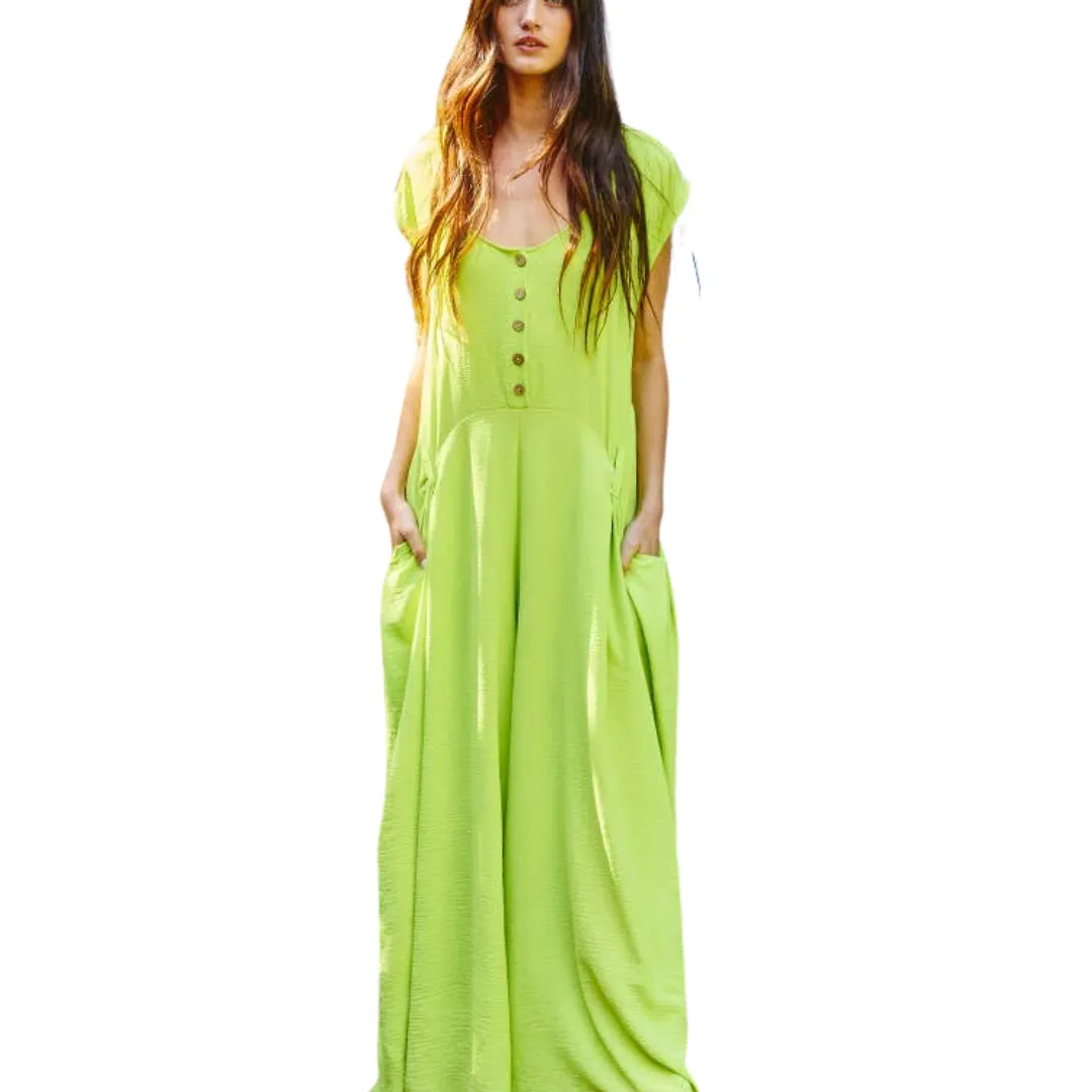 Wide Leg Solid Woven Jumpsuit: Lime Green