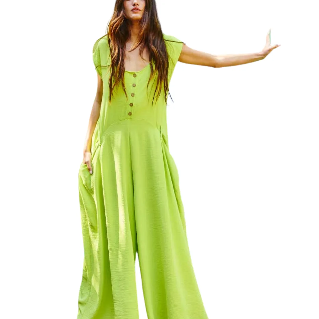 Wide Leg Solid Woven Jumpsuit: Lime Green