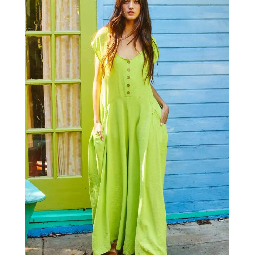 Wide Leg Solid Woven Jumpsuit: Lime Green