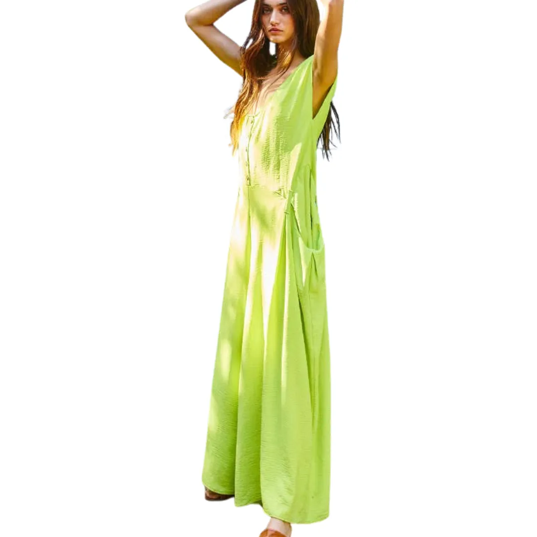 Wide Leg Solid Woven Jumpsuit: Lime Green