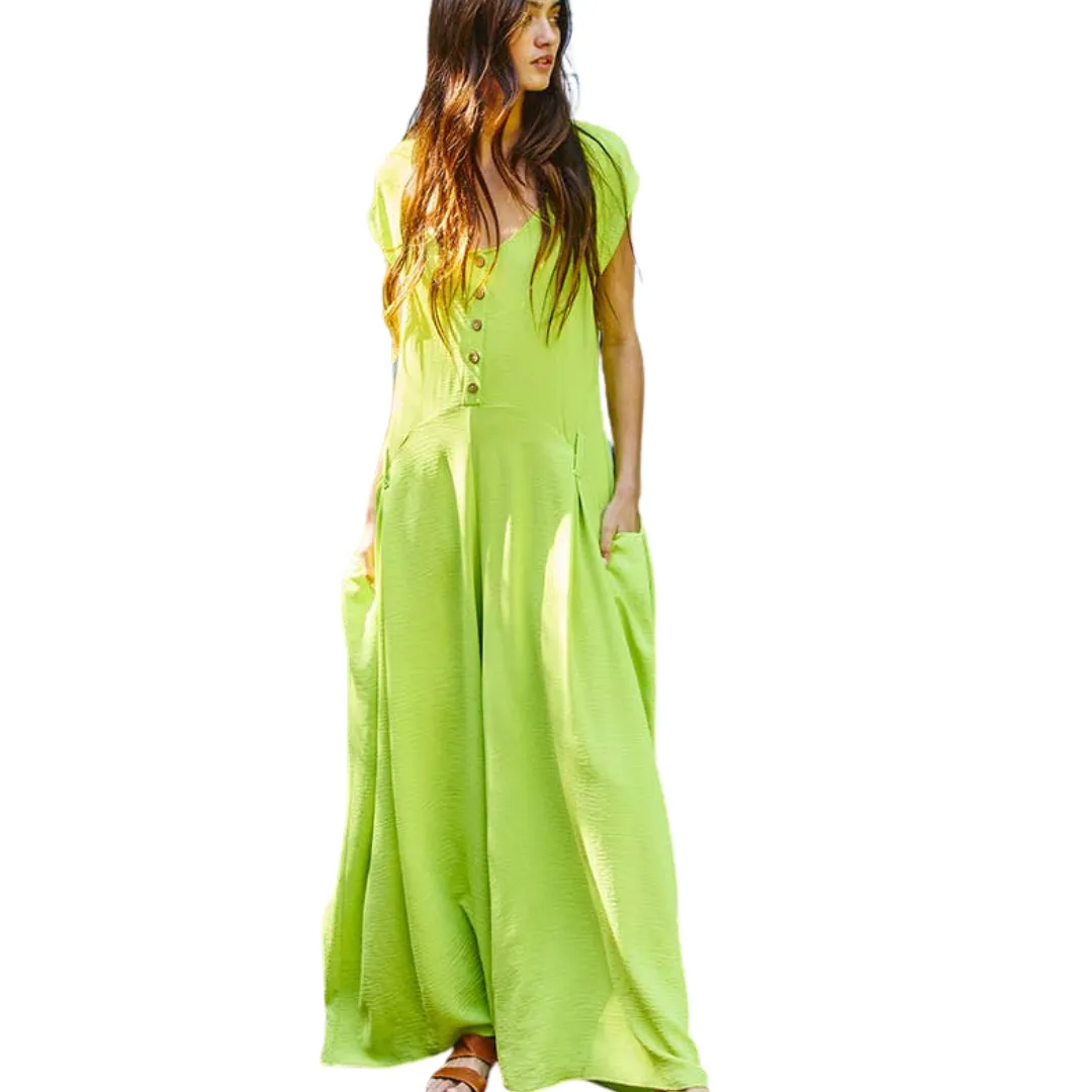 Wide Leg Solid Woven Jumpsuit: Lime Green