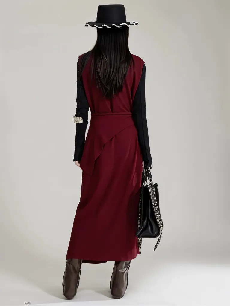 Wine Red Knitted Belted Longline Vest – Sophisticated Layering Essential