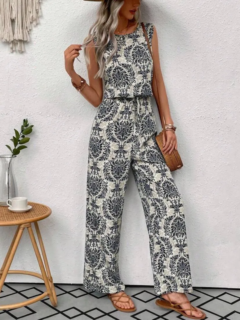 Women Boho Sleeveless Paisley Jumpsuit With Elastic Waist