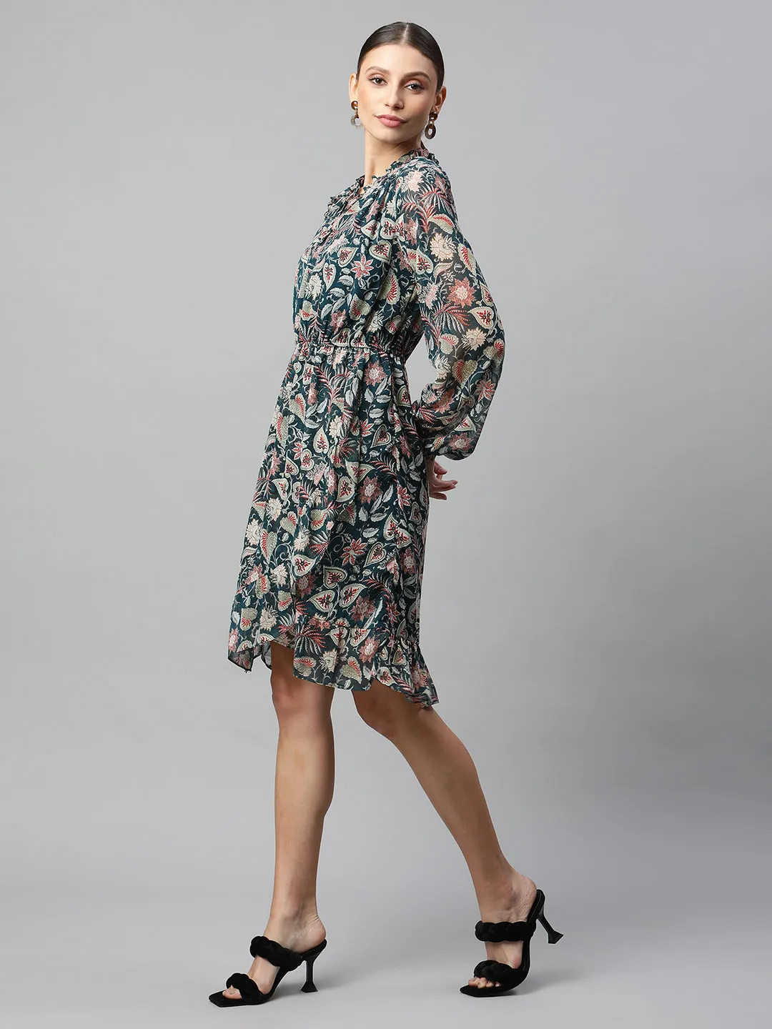 Women Bottle Green Floral Printed Dress