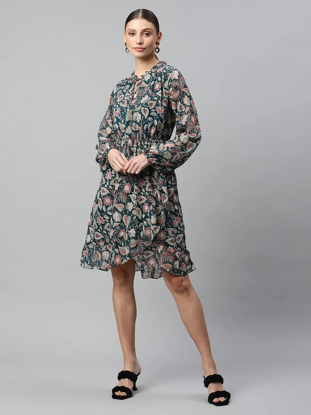 Women Bottle Green Floral Printed Dress