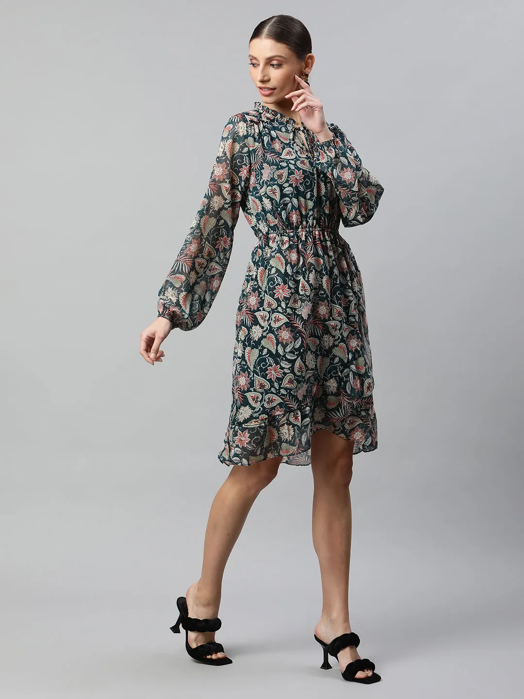 Women Bottle Green Floral Printed Dress