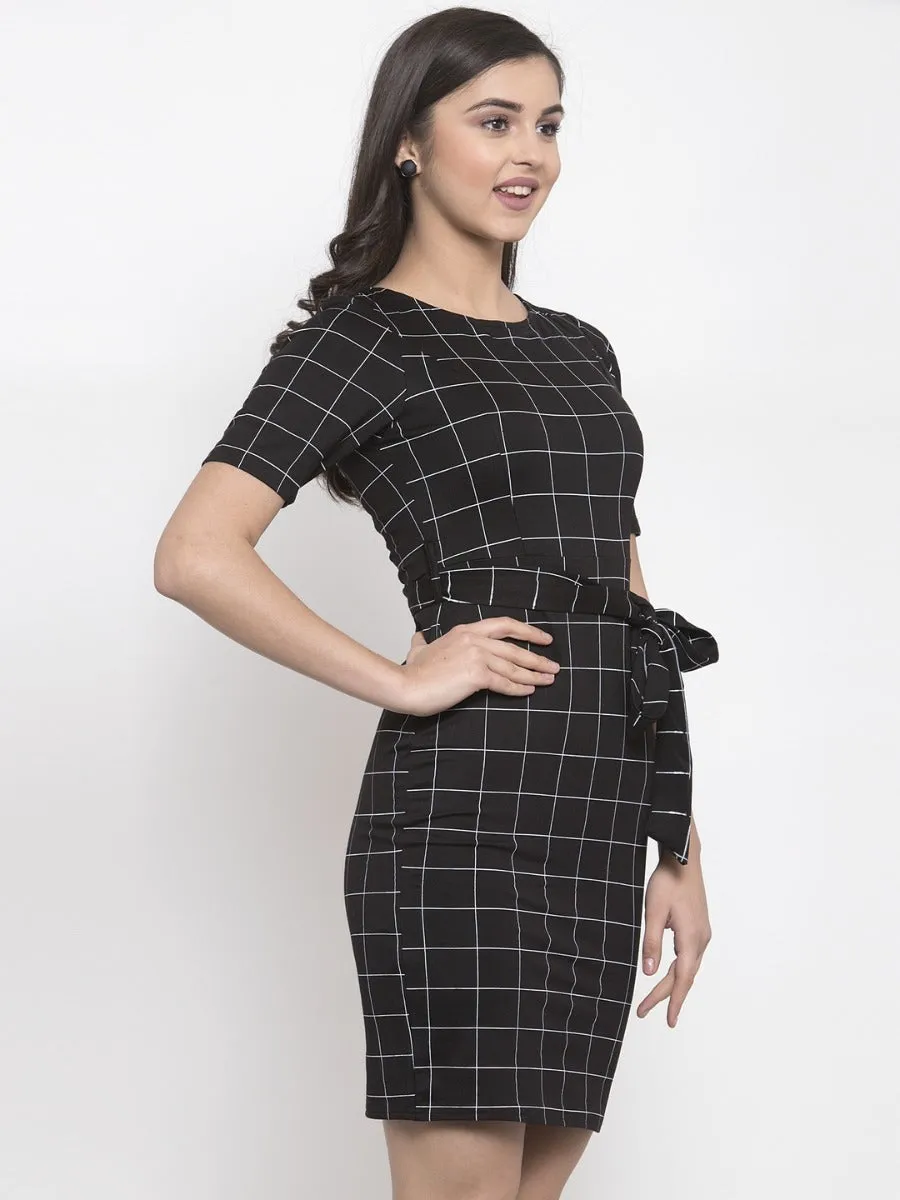 Women Checked Black Round Neck Bodycon Dress