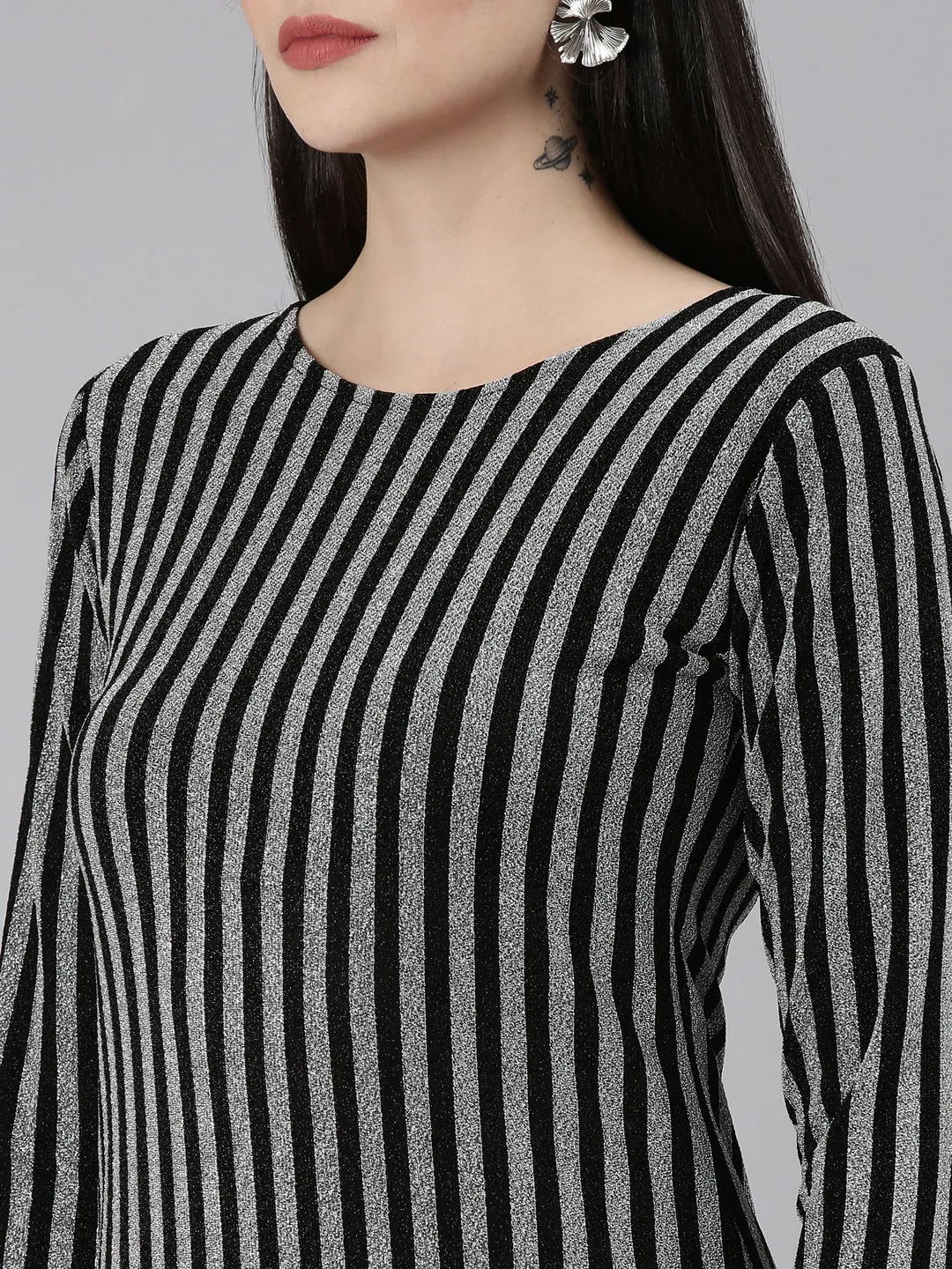 Women Silver Striped Bodycon Dress