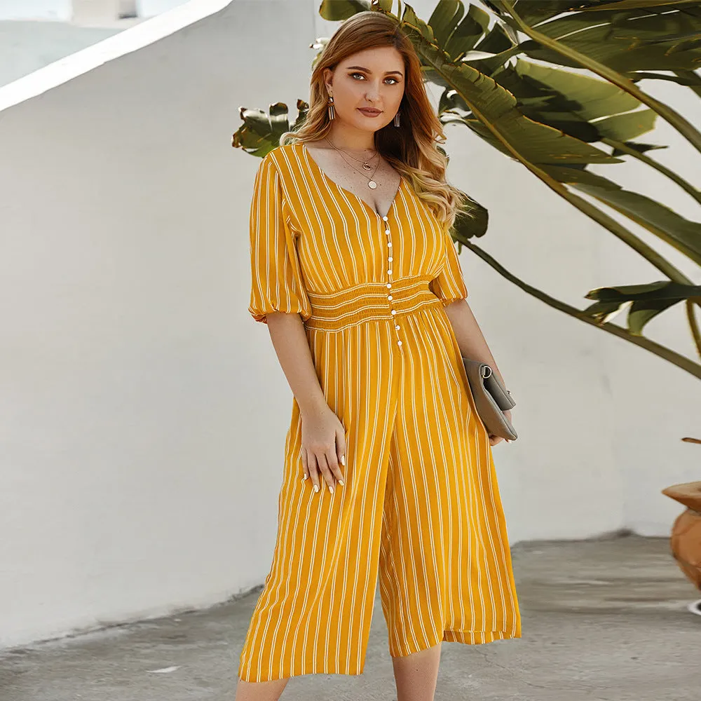 Women Stripe Plus Size Short Sleeve Smocking Jumpsuit