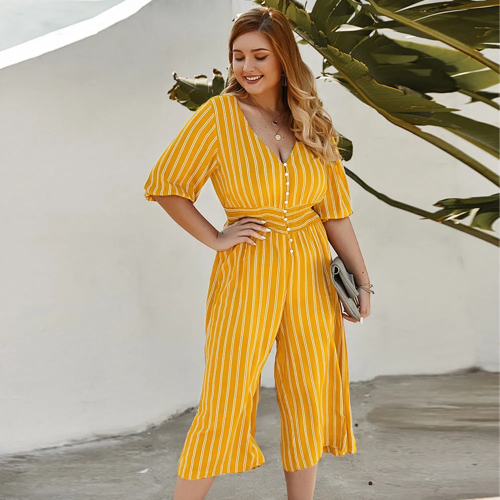 Women Stripe Plus Size Short Sleeve Smocking Jumpsuit