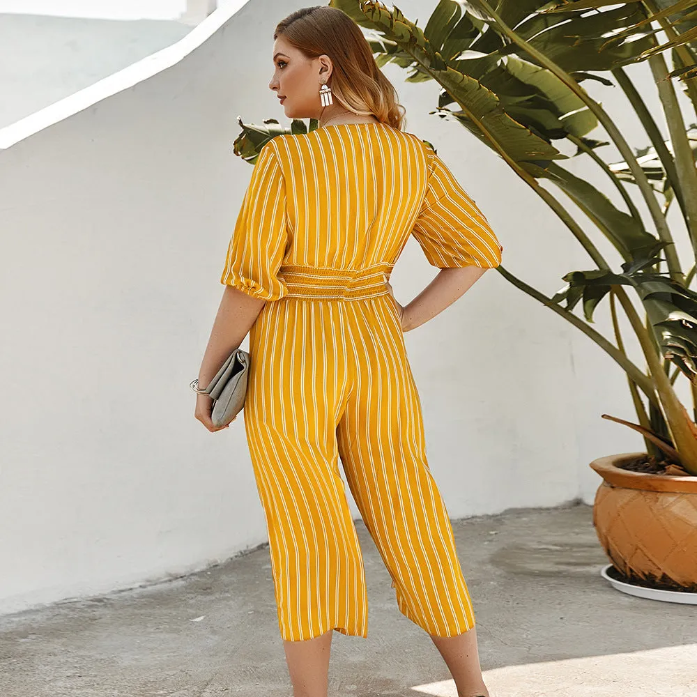 Women Stripe Plus Size Short Sleeve Smocking Jumpsuit