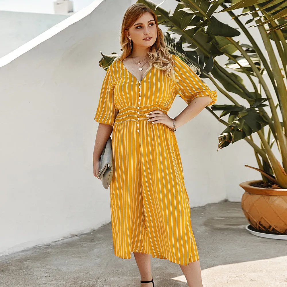 Women Stripe Plus Size Short Sleeve Smocking Jumpsuit