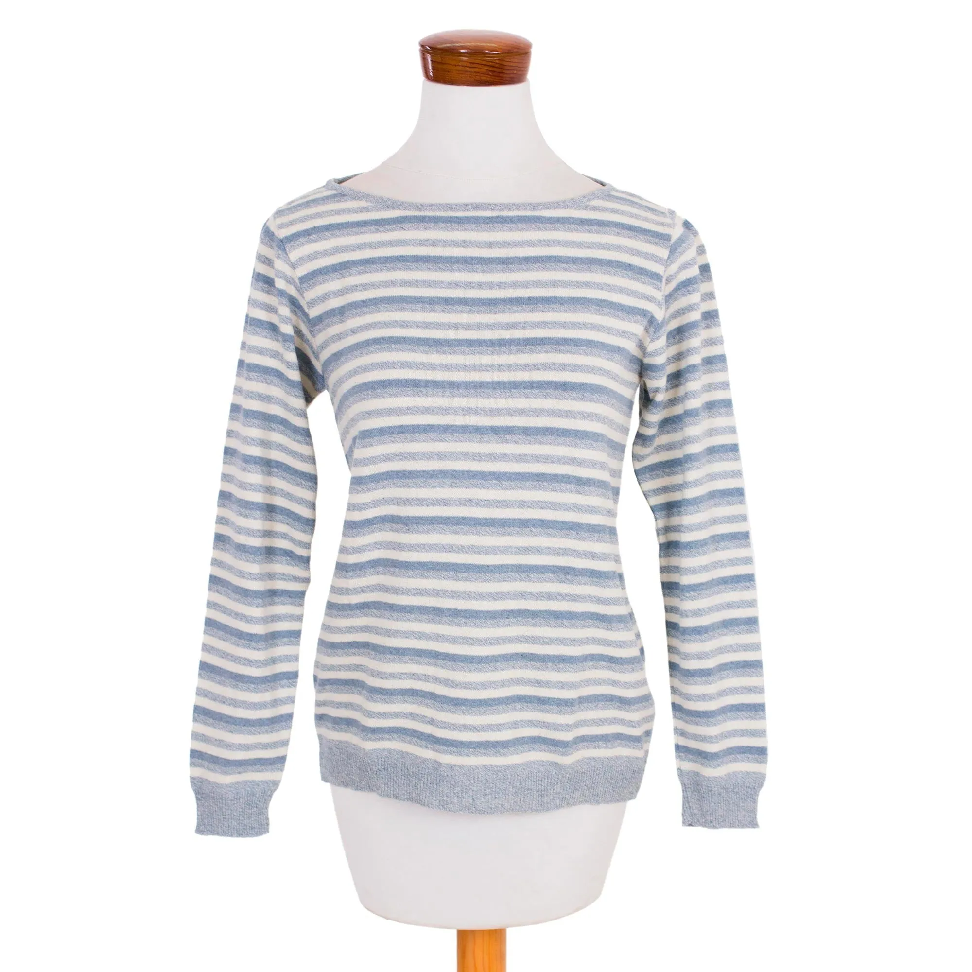 Women's Blue and Ivory Striped Soft Cotton Pullover Sweater - Wedgwood Horizon | NOVICA