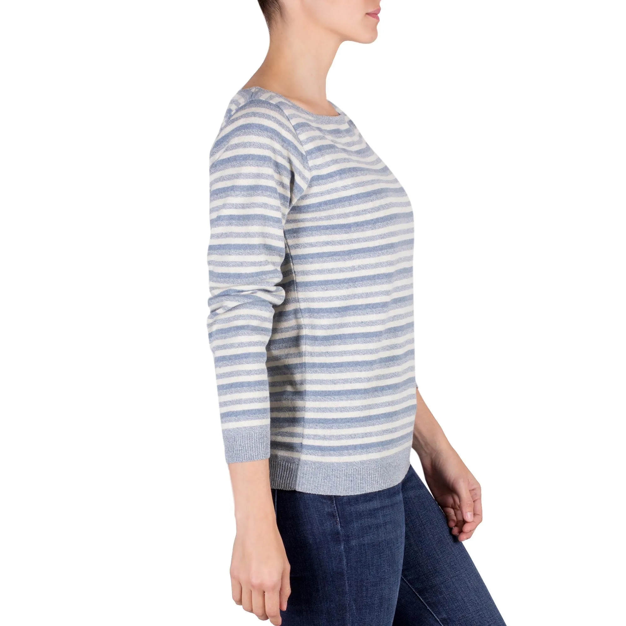 Women's Blue and Ivory Striped Soft Cotton Pullover Sweater - Wedgwood Horizon | NOVICA