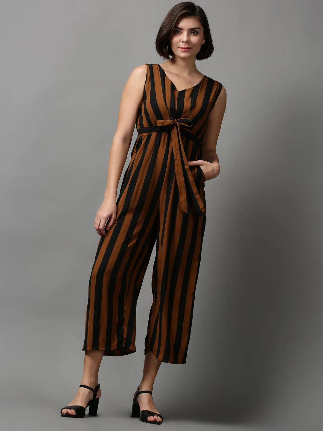 Women's Brown Striped Jumpsuit