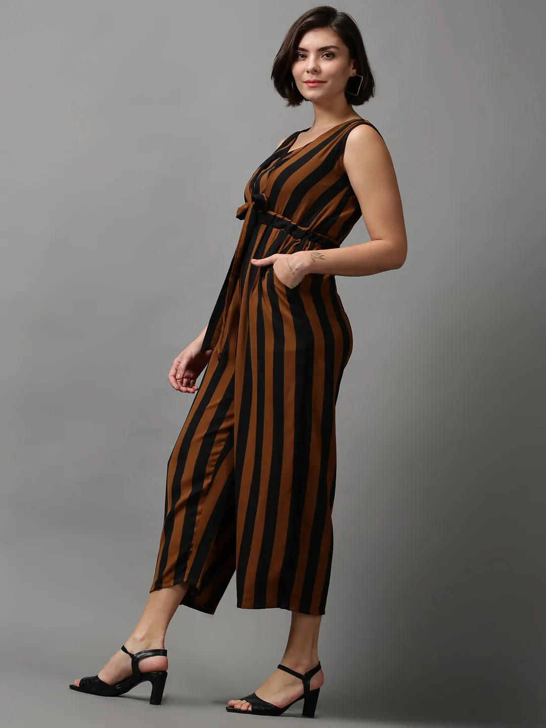 Women's Brown Striped Jumpsuit