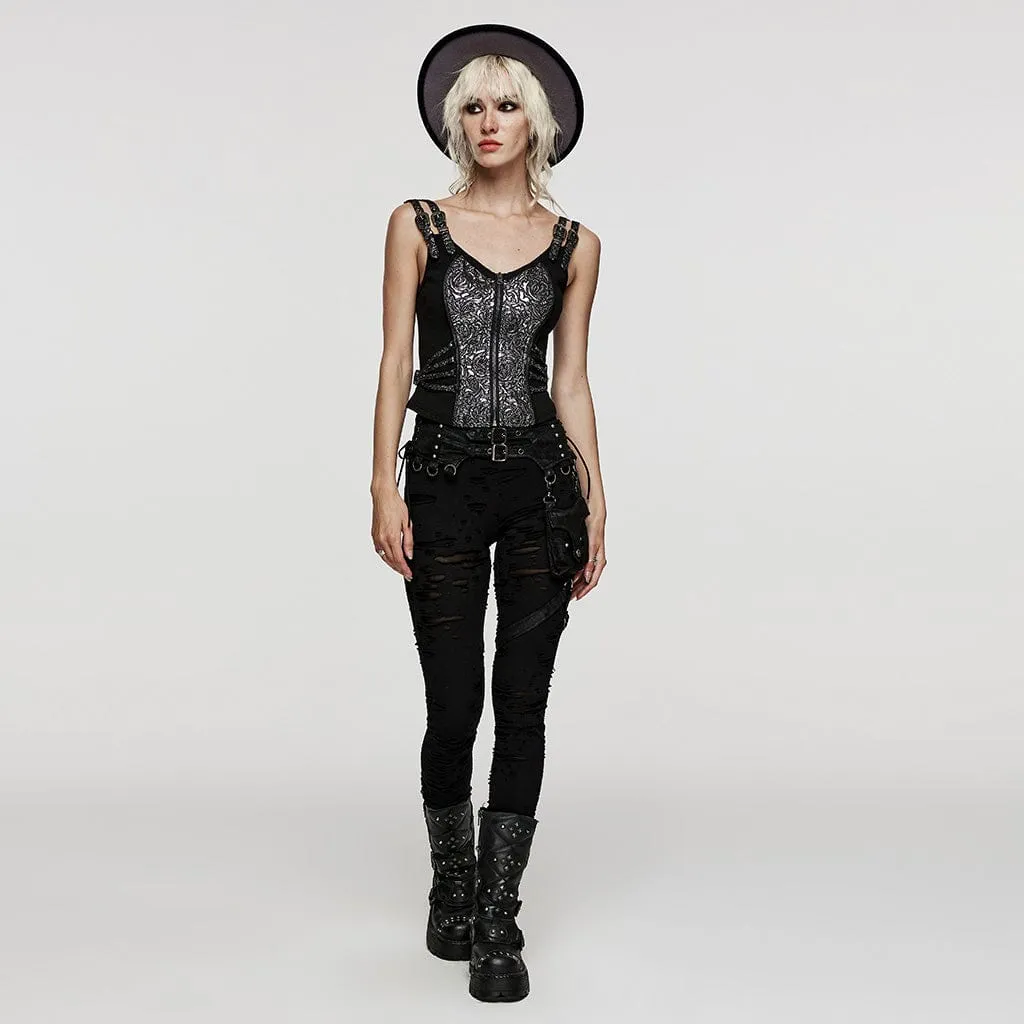 Women's Gothic Floral Printed Buckle Vest