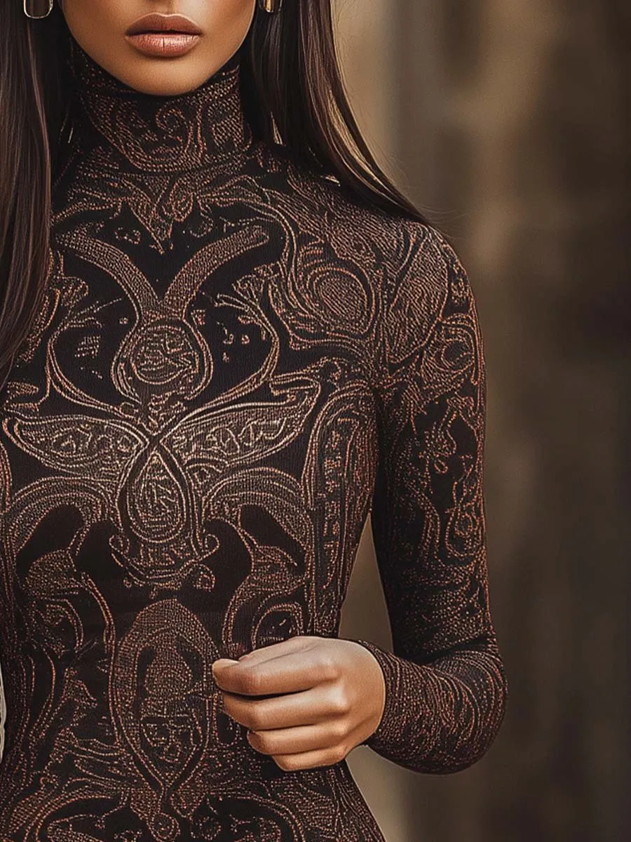 Women's Vintage High Collar Long Sleeve Paisley Bodycon Dress