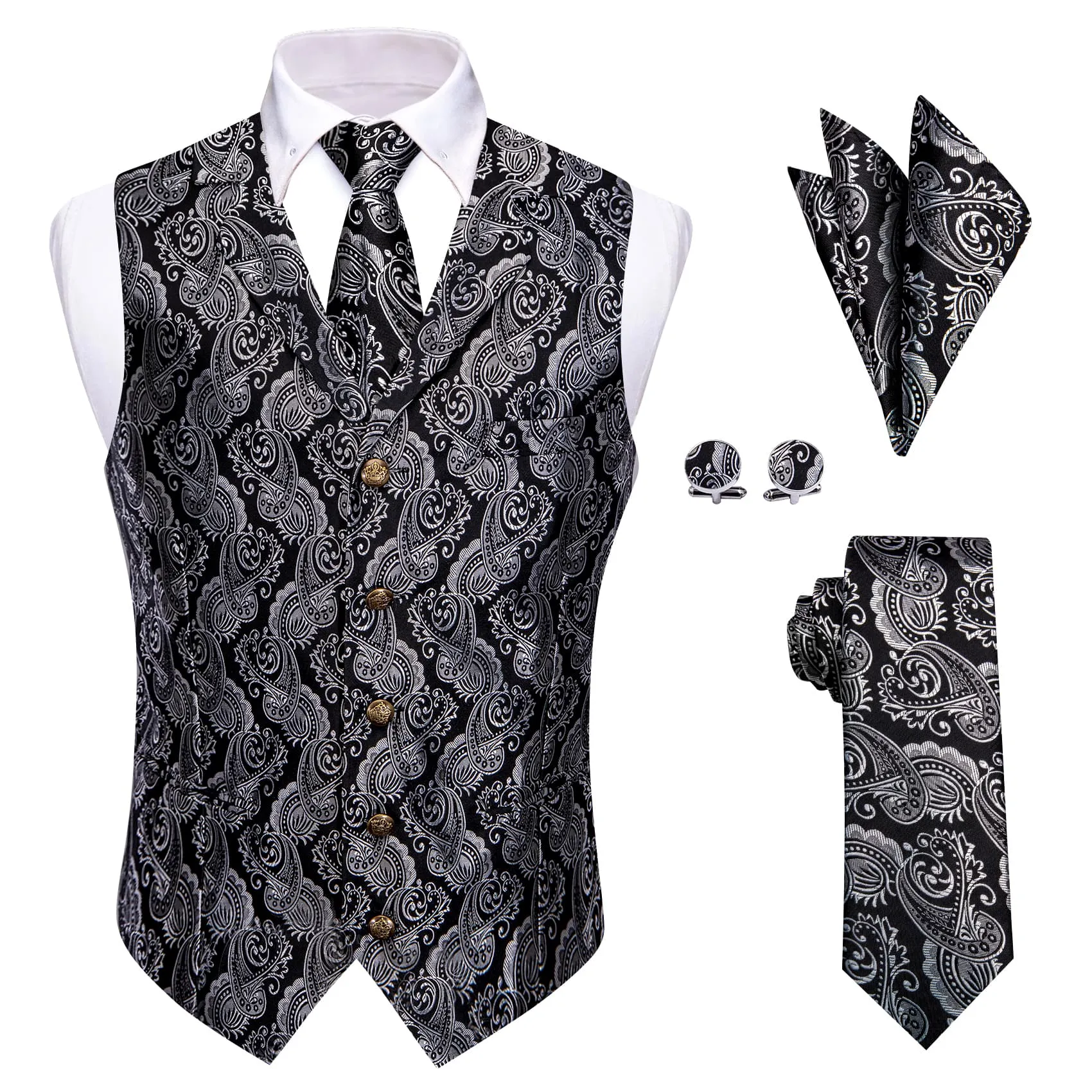 YourTies Black Silver Paisley Wedding Waistcoat Men's Vest Necktie Set