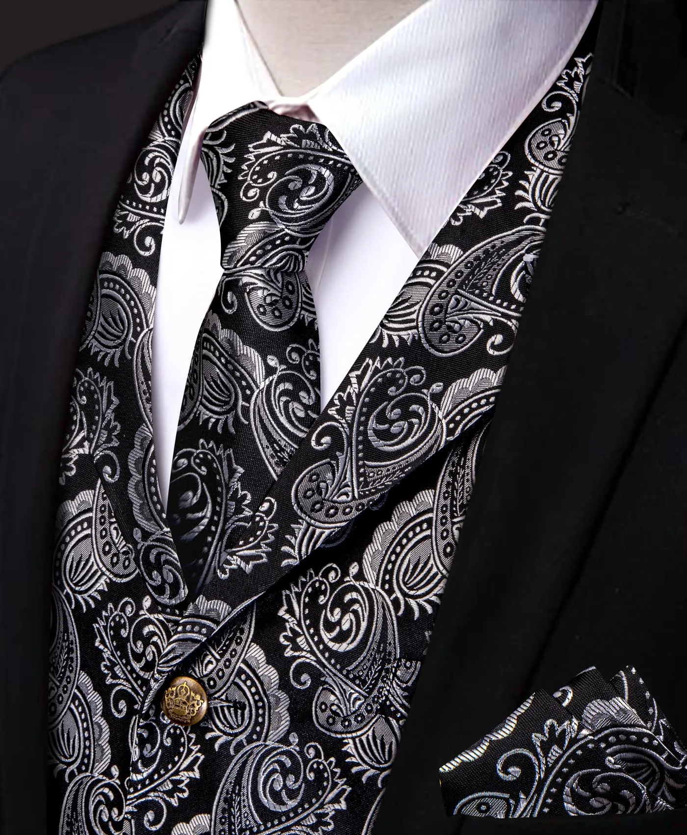 YourTies Black Silver Paisley Wedding Waistcoat Men's Vest Necktie Set