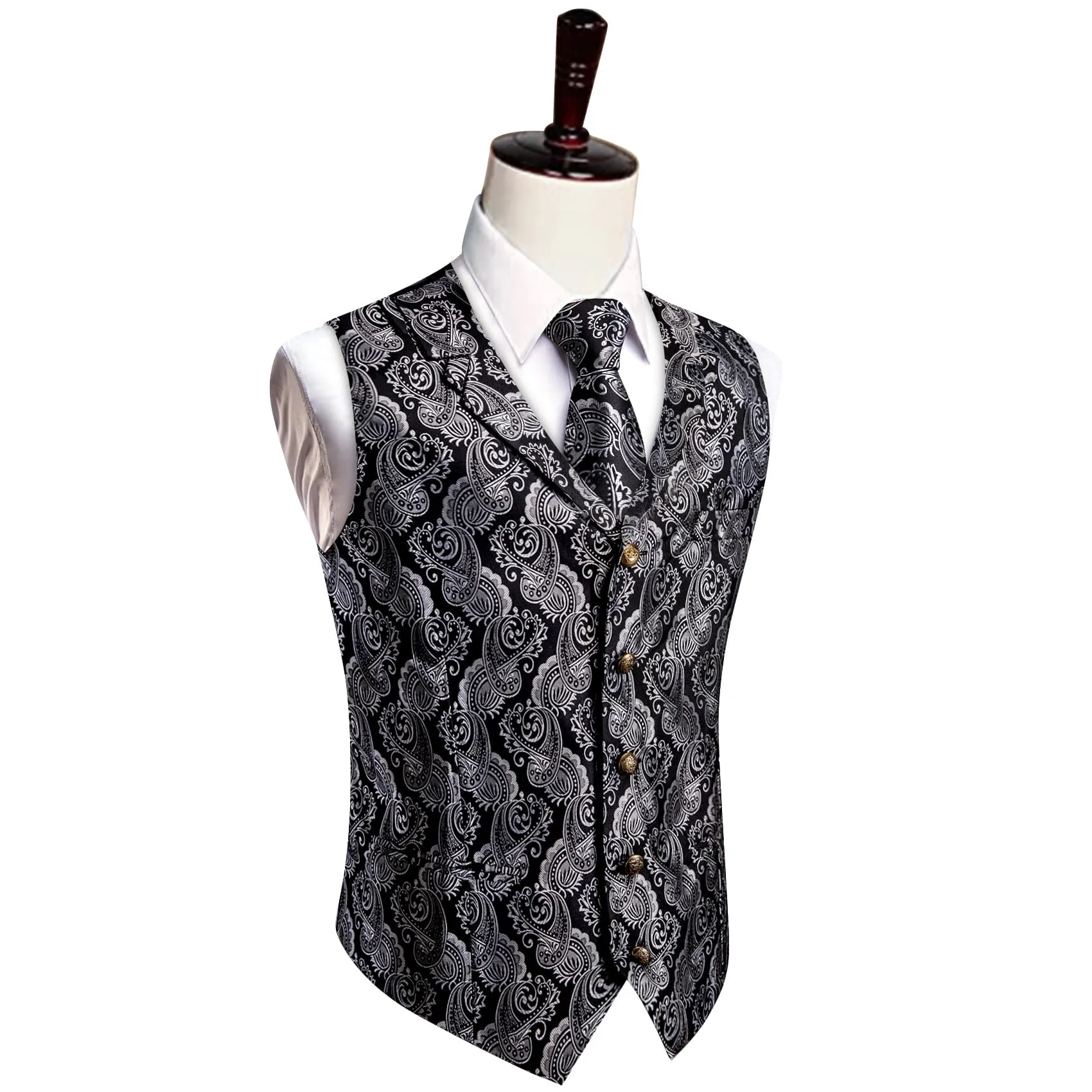 YourTies Black Silver Paisley Wedding Waistcoat Men's Vest Necktie Set