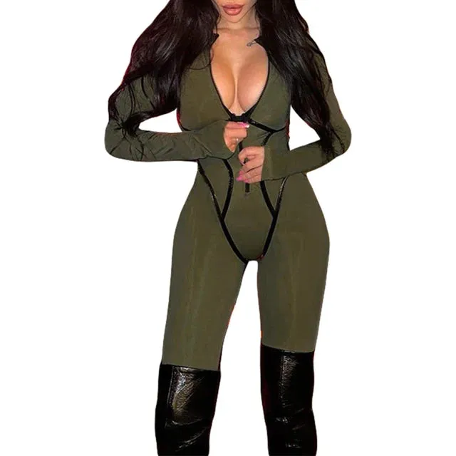 Zip Up Romper Slim Fit Tight Long Sleeve Jumpsuit